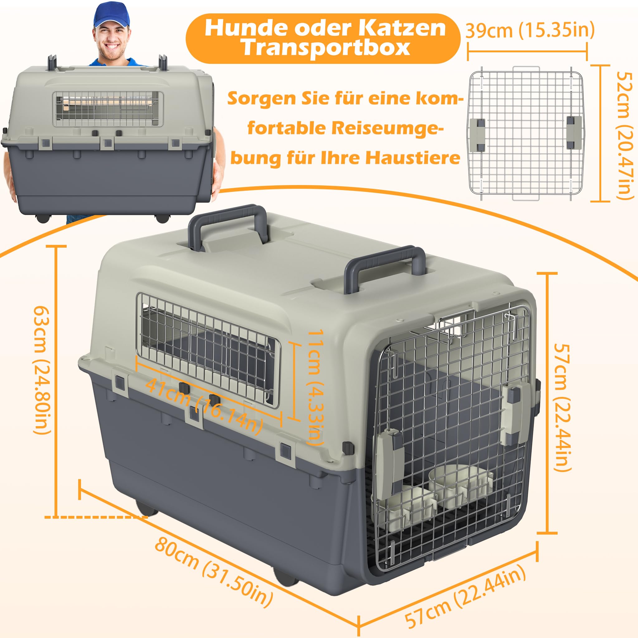 Aufun Transportín para perros con puertas de metal y 4 ruedas, bolsa de transporte para viajes en avión, asas fuertes y cerrojo de seguridad, rejilla de ventilación, caja de viaje para perros, 80 x 57