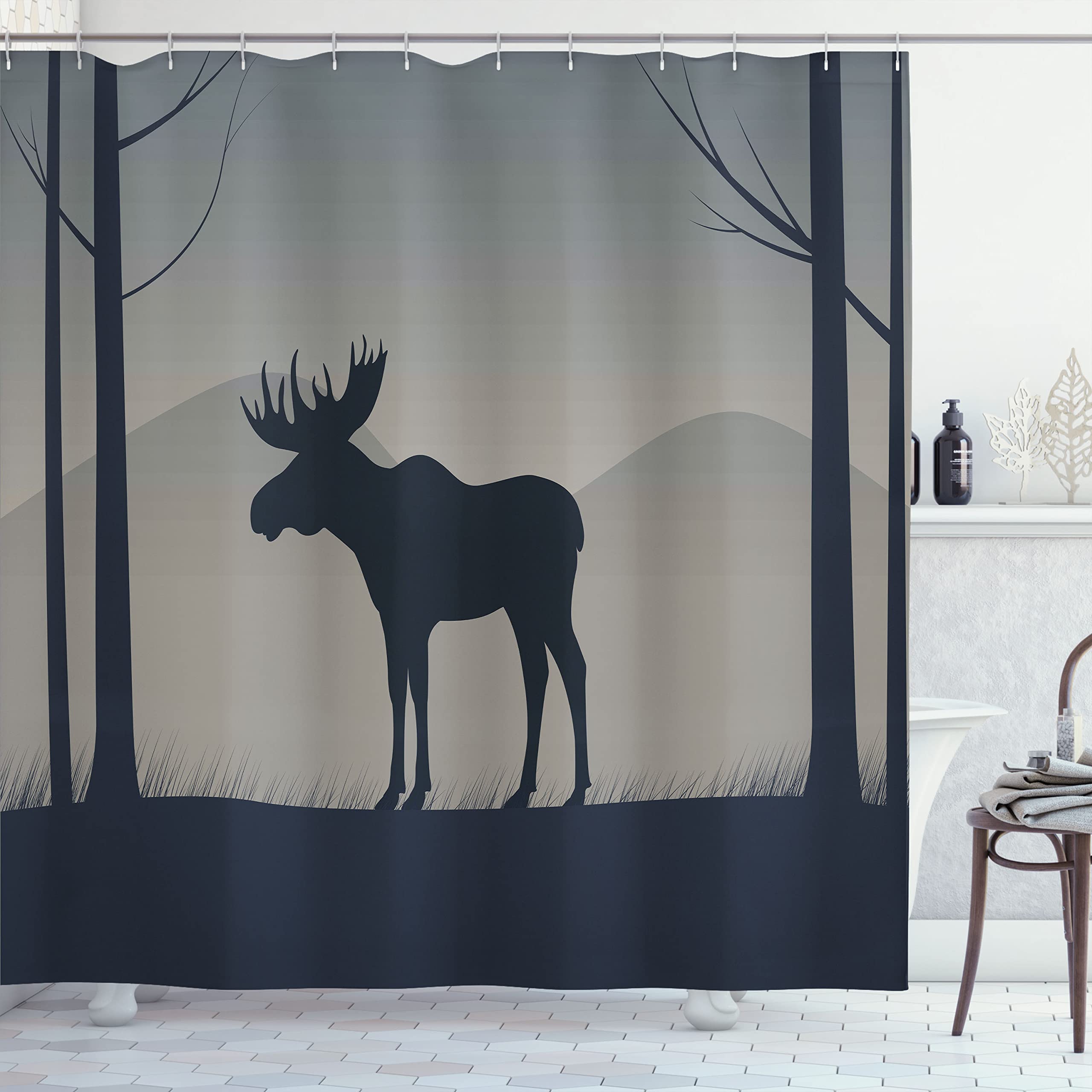 Lunarable Moose Shower Curtain, Moose Side Silhouette in Forest Antlers Trees Misty Wild Nature, Cloth Fabric Bathroom Decor Set with Hooks, 69" W x
