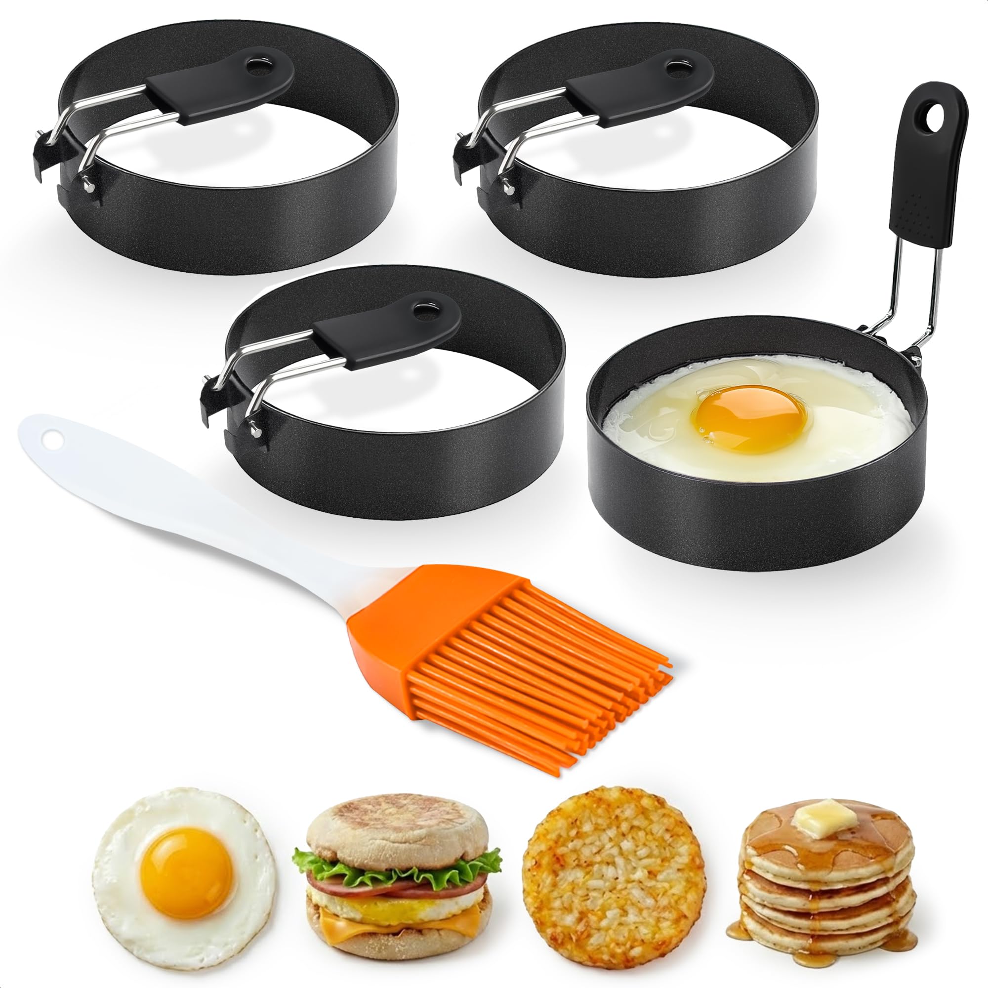 HYQO Anillos para huevos, acero inoxidable profesional, redondos, color negro, paquete de 4