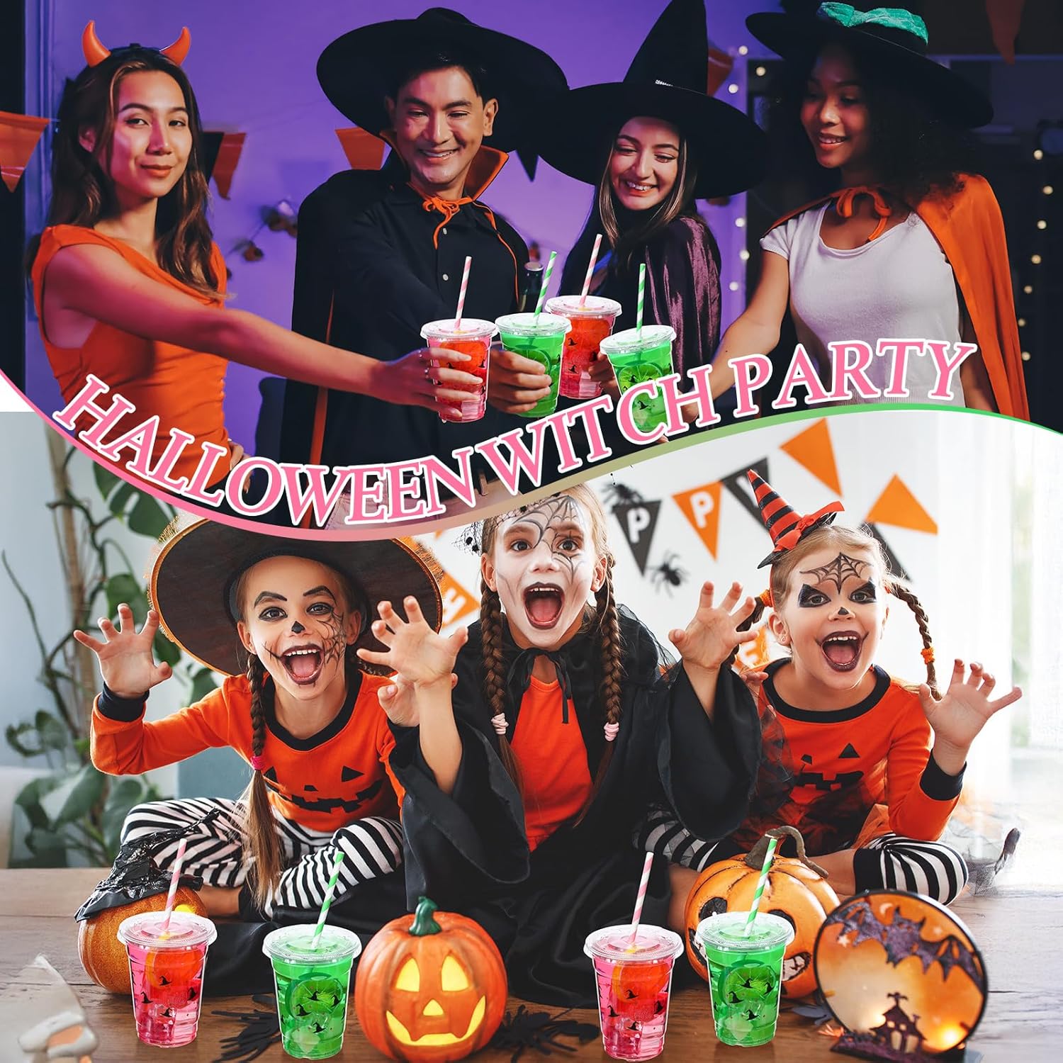 Yungyan 50 Pack Witch Theme Party Plastic Cups 12oz Halloween Pink and Green Cups with Lids and Straws Witch Party Decorations for Movie Theme Birthday Supplies - Image 4