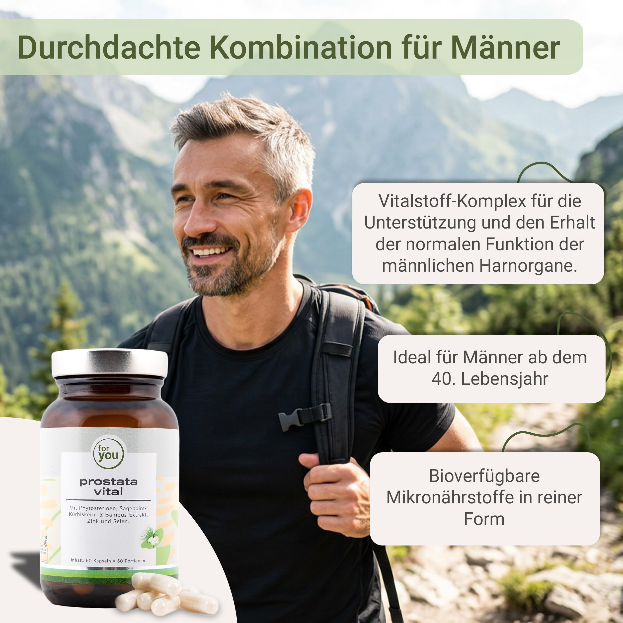 for you prostata vital 2x 60Kapseln- mit Phytosterinen, Sägepalm-, Kürbiskern- & Bambus-Extrakt, Zink, Selen - Vitalstoff-Komplex für die Unterstützung der normalen Funktion der männlichen Harnorgane