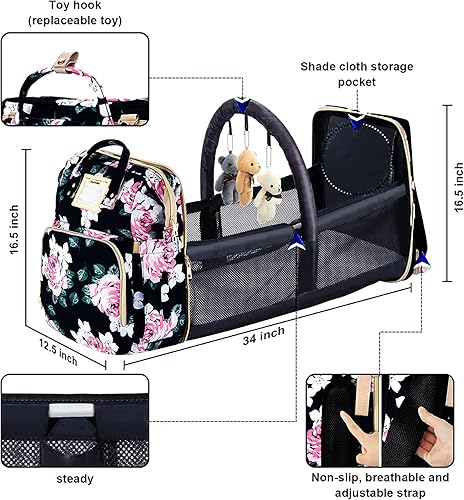 Miniatura 4 de Mochila de pañales para bebé con cambiador de estación, impermeable, 3 en 1, plegable, unisex, Flor, negro