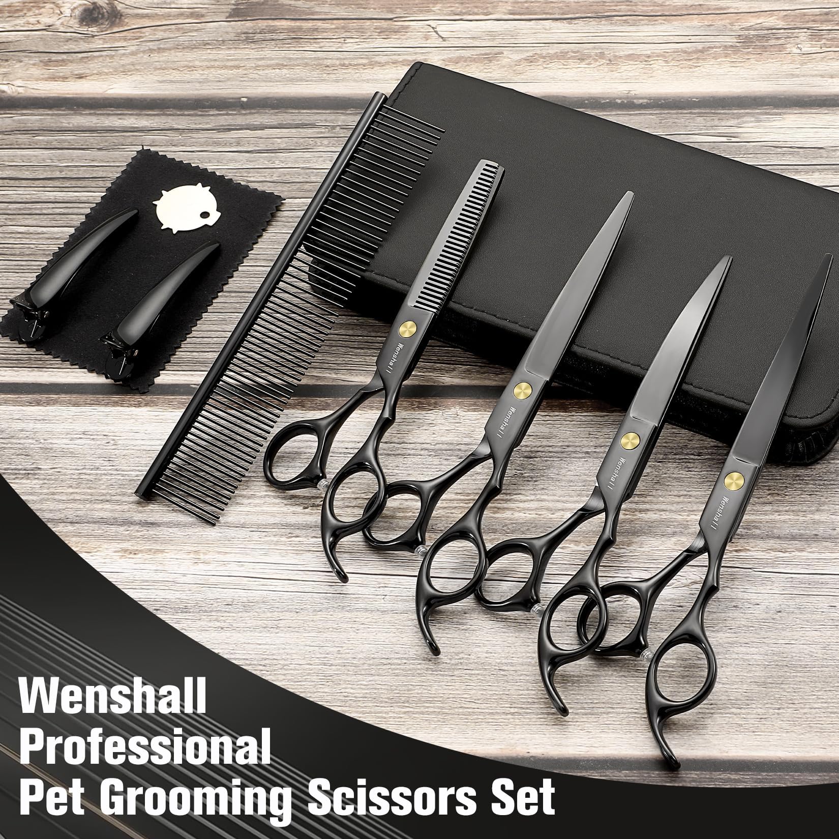 Wenshall 7,0 Zoll Hundepflege Schere Set Hund gerade Schere & Ausdünnungsschere & Gebogene & chunker & Comb 5Stk Set