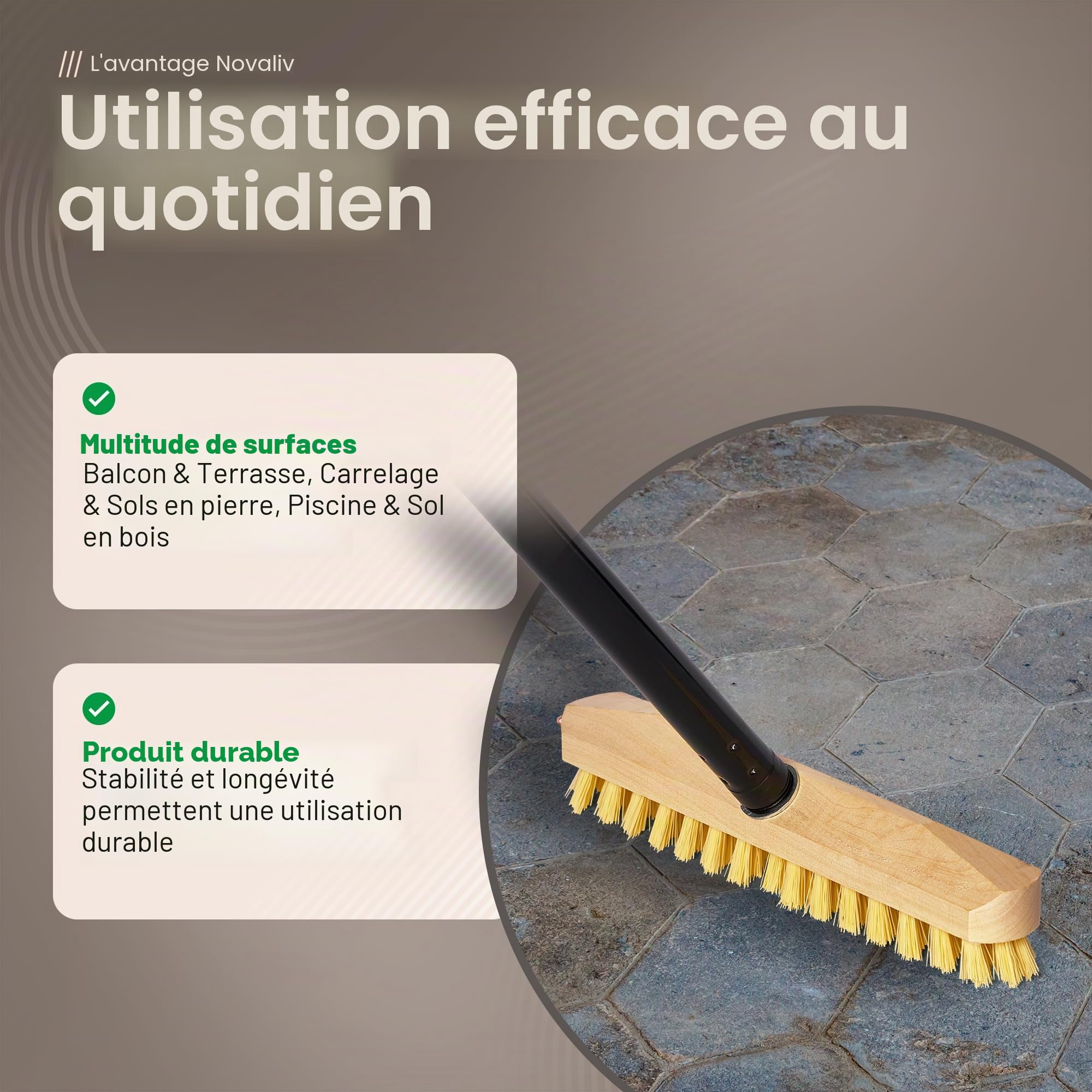 Novaliv Brosse à récurer en bois avec poils - Avec filetage et manche à vis - 4 pièces - Brosse à récurer PPN - Idéale pour nettoyer le balcon, la terrasse, le jardin, l'intérieur et l'extérieur