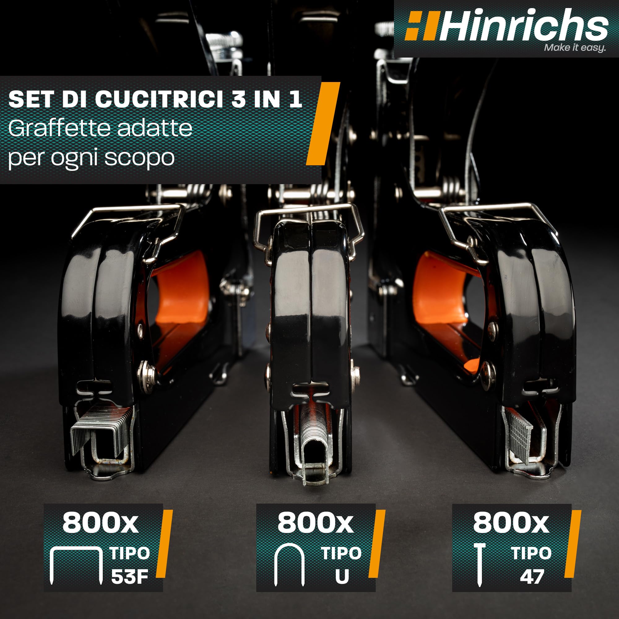 Hinrichs Cucitrice e Spillatrice Professionale 3-in-1 – Pistola Sparachiodi e Pinzatrice Manuale per Legno, Mobili e Tessuti – Include 1600 Graffe e 800 Chiodi | Pinzatrice e Sparachiodi per Fai-da-te
