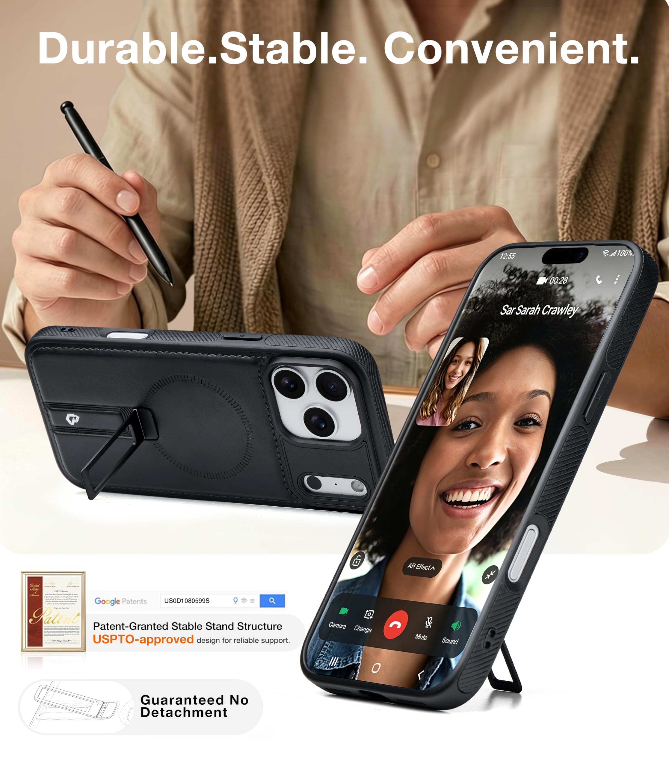 Custodia per telefono in pelle con cavalletto magnetico (nero, iP18 Pro)