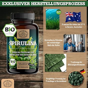 Bio Spirulina Presslinge - 600 Tabletten (500 mg) 6000mg hochdosiert - Bio-Algen aus kontrolliert biologischem Anbau (Herkunft Australien) -Deutsche Abfüllung- SCHEUNENGUT®