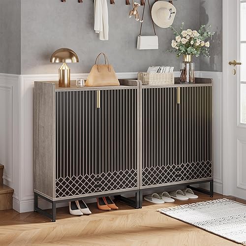 Miniatura 4 de Tribesigns Zapatero con puertas, armario de almacenamiento de zapatos gris de 5 niveles para 25 pares, organizador de zapatos de madera para