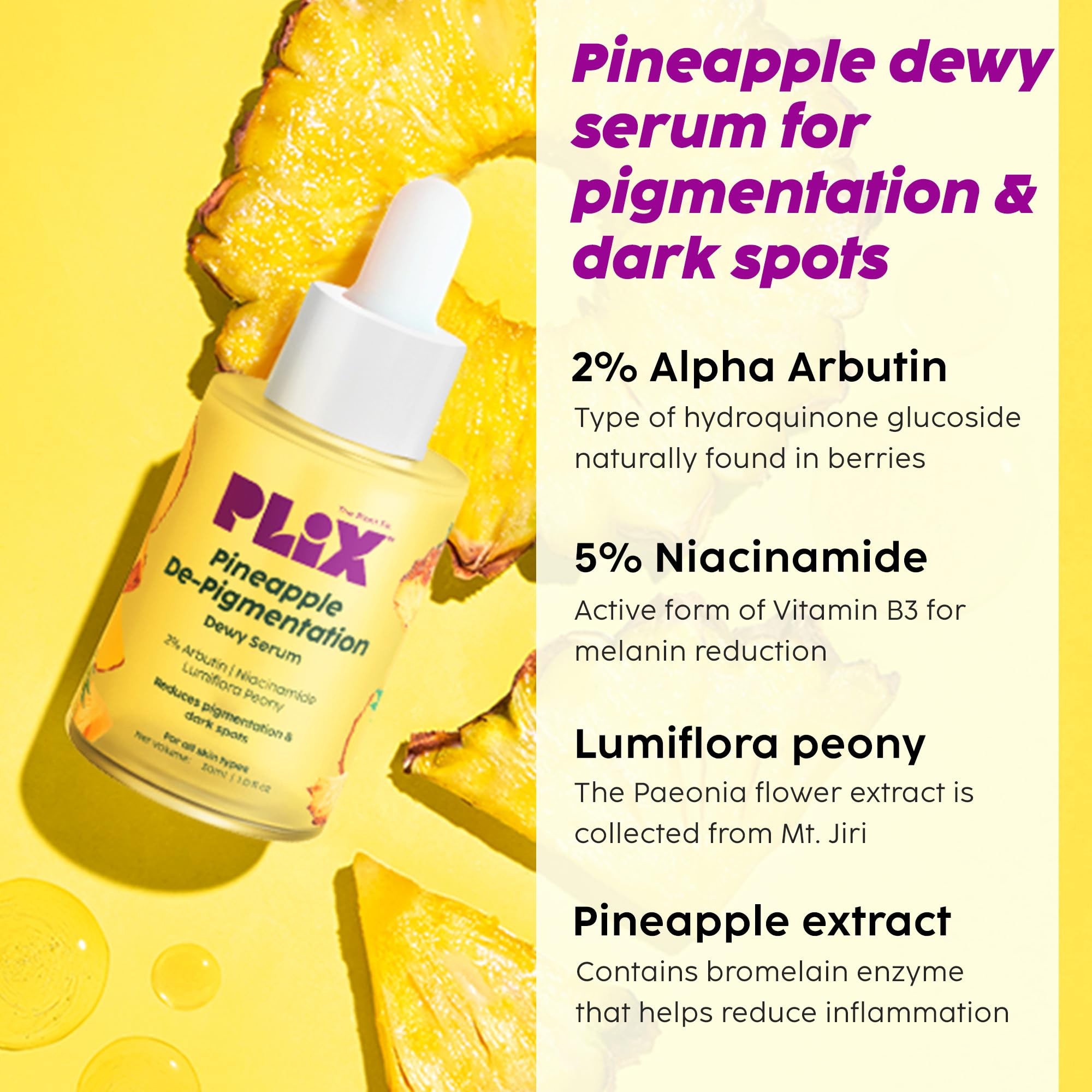 PLIX - THE PLANT FIX Pineapple Depigmentation Regime for Bright & Even Skin | Juicy Cleanser, Smoothie Moisturizer, 2% Alpha Arbutin Serum & Sunscreen with SPF 50 PA++++ 3