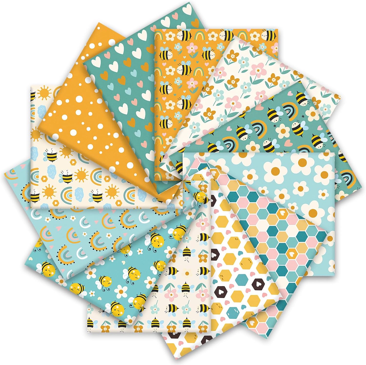 FYSUIMU 12Pcs Summer Cotton Fabric Bundles Bee Flower Fat Quarters Colorful Cartoon Sewing Fabrics for DIY Craft Party Decor, 18 x 22 Inch