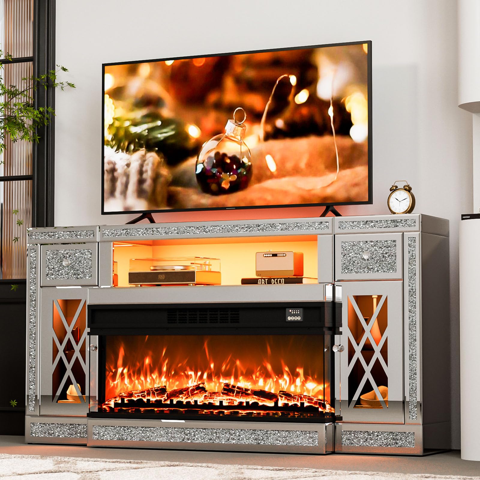 Amazon.com: IKIFLY Mirrored Fireplace TV Stand for 65+ inch TV