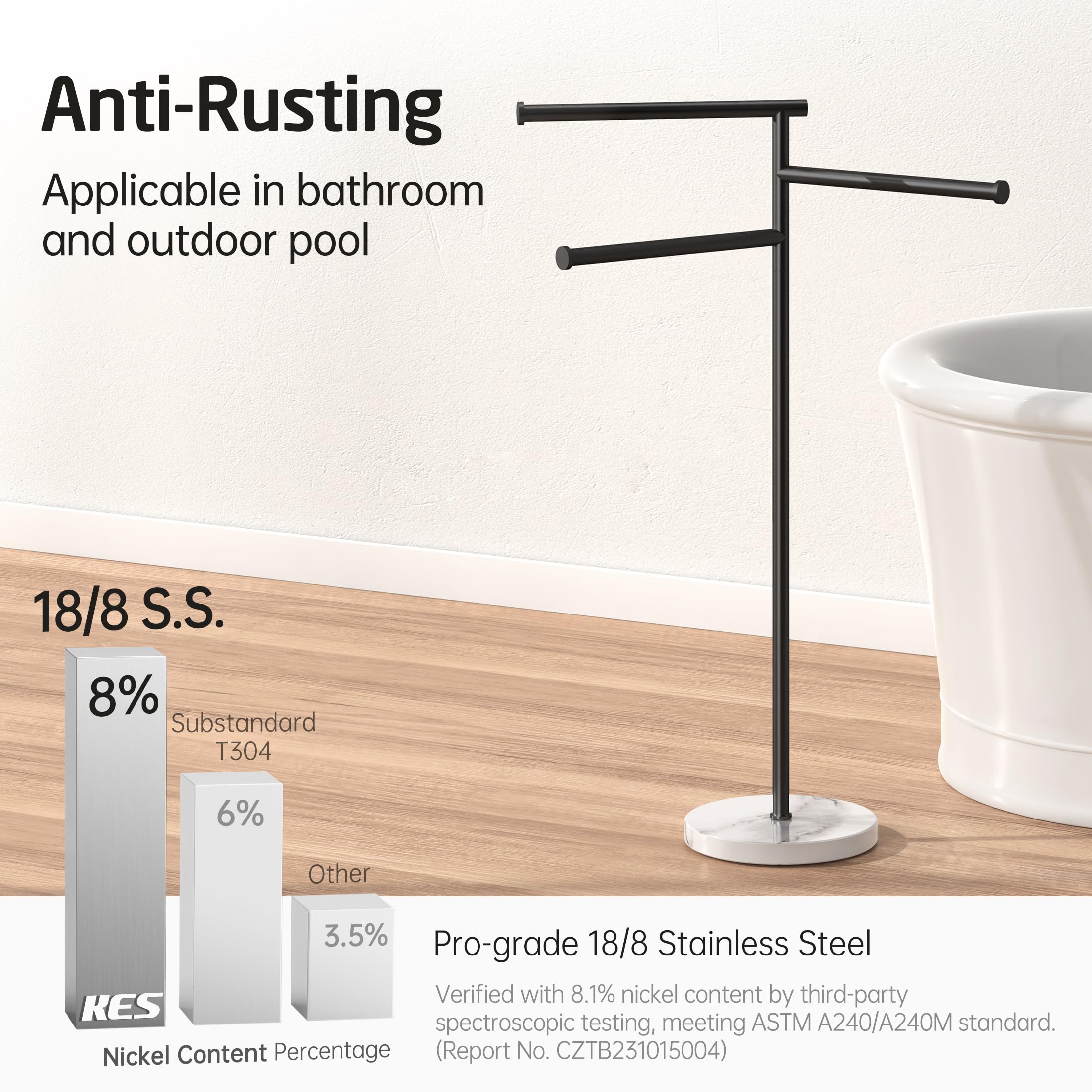 KES Toallero de Pie Negro Barra Toallas Baño 3 Niveles Mármol Toalleros de Baño de Pie Acero Inoxidable SUS304 Toallero de Barra, BTH219-BK | Toallero de piscina independiente para exteriores, 3 barras giratorias, acero inoxidable 18/8 de alta calidad, BT