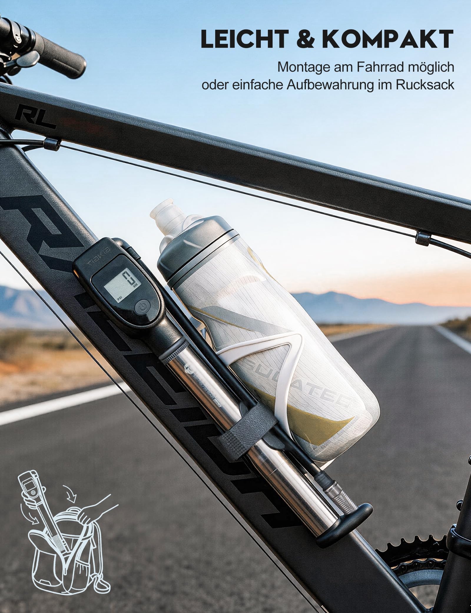 Tiakia Fahrrad Dämpferpumpe Digital 2-in-1 mit Manometer 320PSI Für Luftdämpfer und federgabel, Tragbare Aluminium fahrradpumpe reifenpumpe Fahrrad Rahmenpumpen,Für Schrader/Presta
