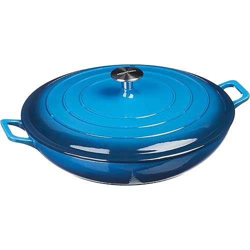 Amazon Basics Enameled Cast Iron Covered Casserole Skillet, 3.3-Quart, Blue