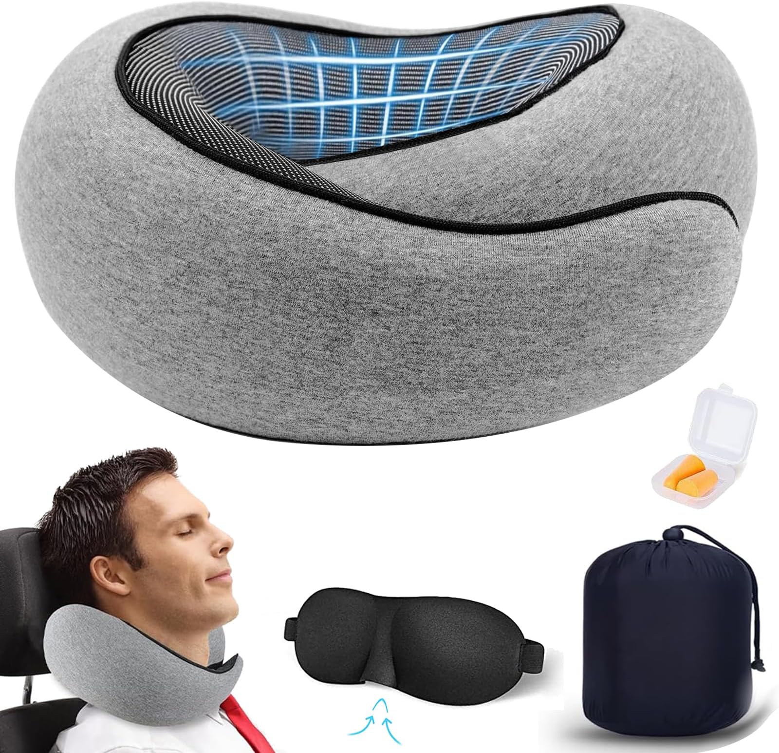 Yoawllty Travel Pillow, Wander Plus Travel Neck Pillow with Eye Masks, Earplugs, Memory Foam Travel Pillow, Neck Pillow for Airplanes, Car, Travel Essentials (Grey)
