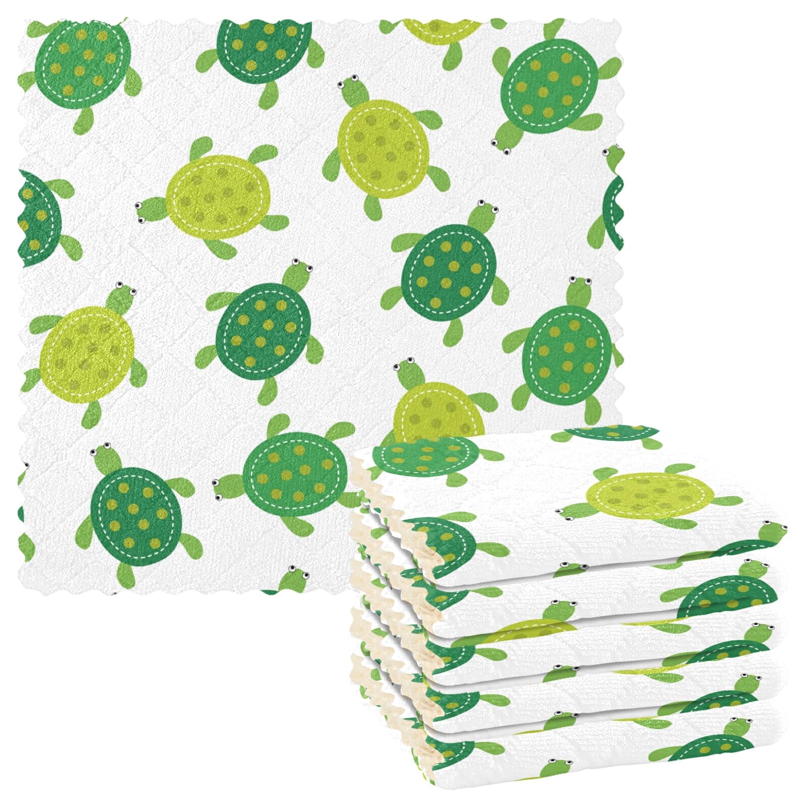 Poeticcity Multi 5 Seamless Green Turtles On White 6 Set Kitchen Dish Towels, Washcloths Cleaning Cloths Dish Cloths, Absorbent Towels Lint Free Bar Tea Soft Waffle Towel 11"X11"