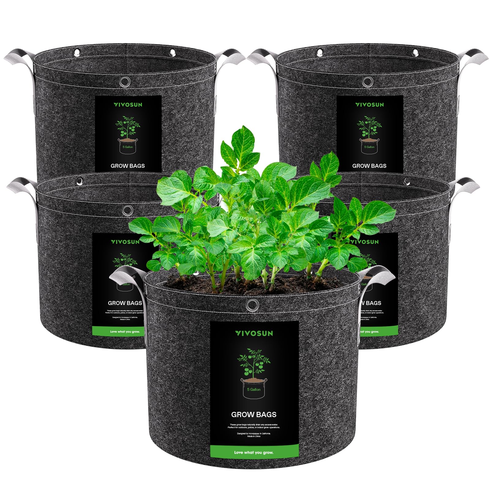 VIVOSUN Pflanzsack 5er-Pack 20 L, Stofftopf aus Vliesstoff mit 500 g/m² Stärke, mit Tragegriffen und Mehrzweckringen, Ideal für LST, Obst, Gemüse und Blumen