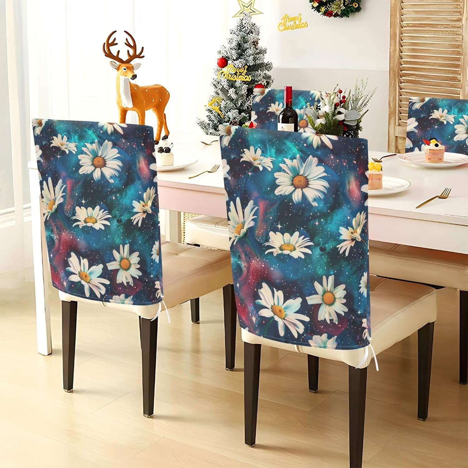 ALAZA Daisy Flowers on Space Chair Back Cover Set of 6, Washable Reusable Removable Chair Slipcovers Decorative Chair Cover for Home Kitchen Wedding Party