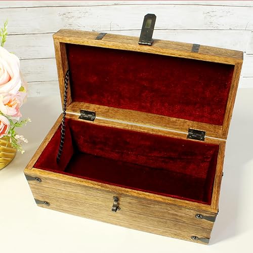 Miniatura 6 de Nautical Cove Cofre del tesoro de madera con tapa superior plana con forro acolchado de terciopelo, decoración pirata, cerradura de hierro antiguo y