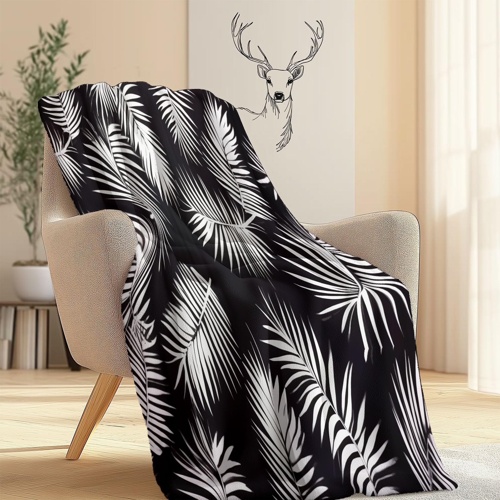 Minimalizm Liście Palmowe Koc z polaru flanelowego 150 x 200 cm - Czarny ciepły i miękki koc z nadrukiem, dekoracyjny na sofę, fotel i narzuty