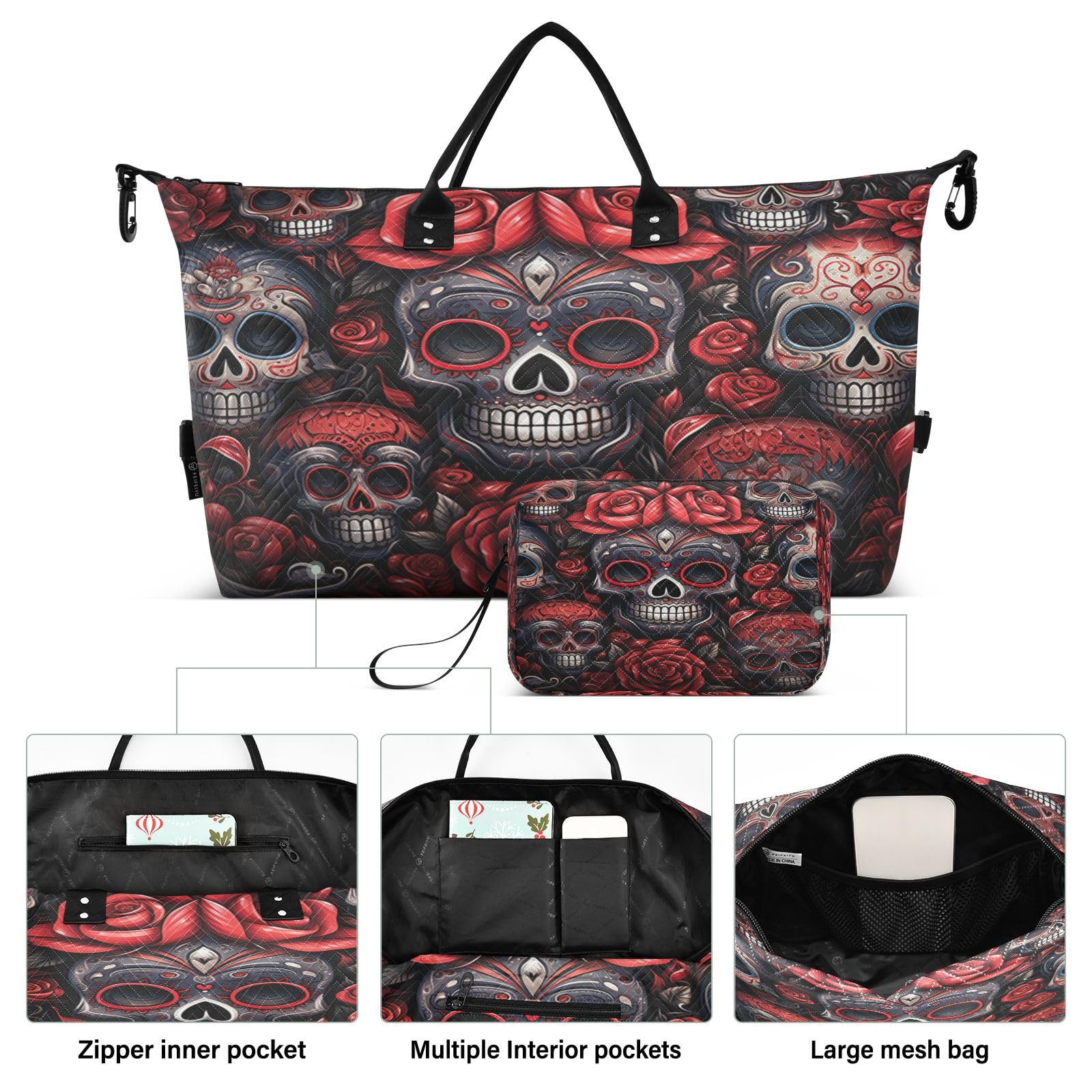 Flower Pattern Red Skulls Sports Swim Gym Bag Weekender Duffel Travel Bags Handbag with Makeup Storage Bag for Girls Men
