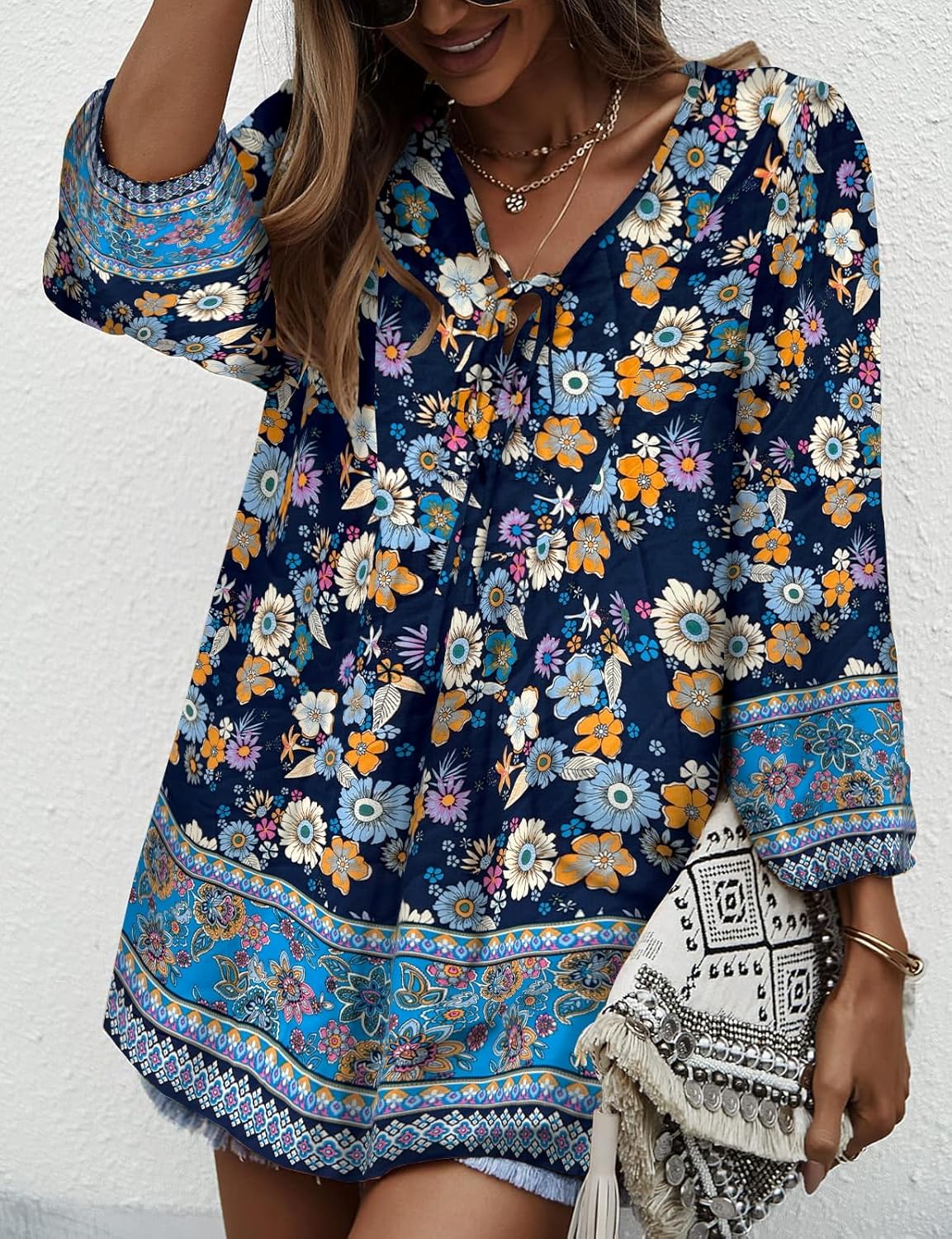 KAYWIDE Women's Casual Boho V Neck Top Loose Floral Printed Long Sleeve Beach Shirts Blouses - Image 2