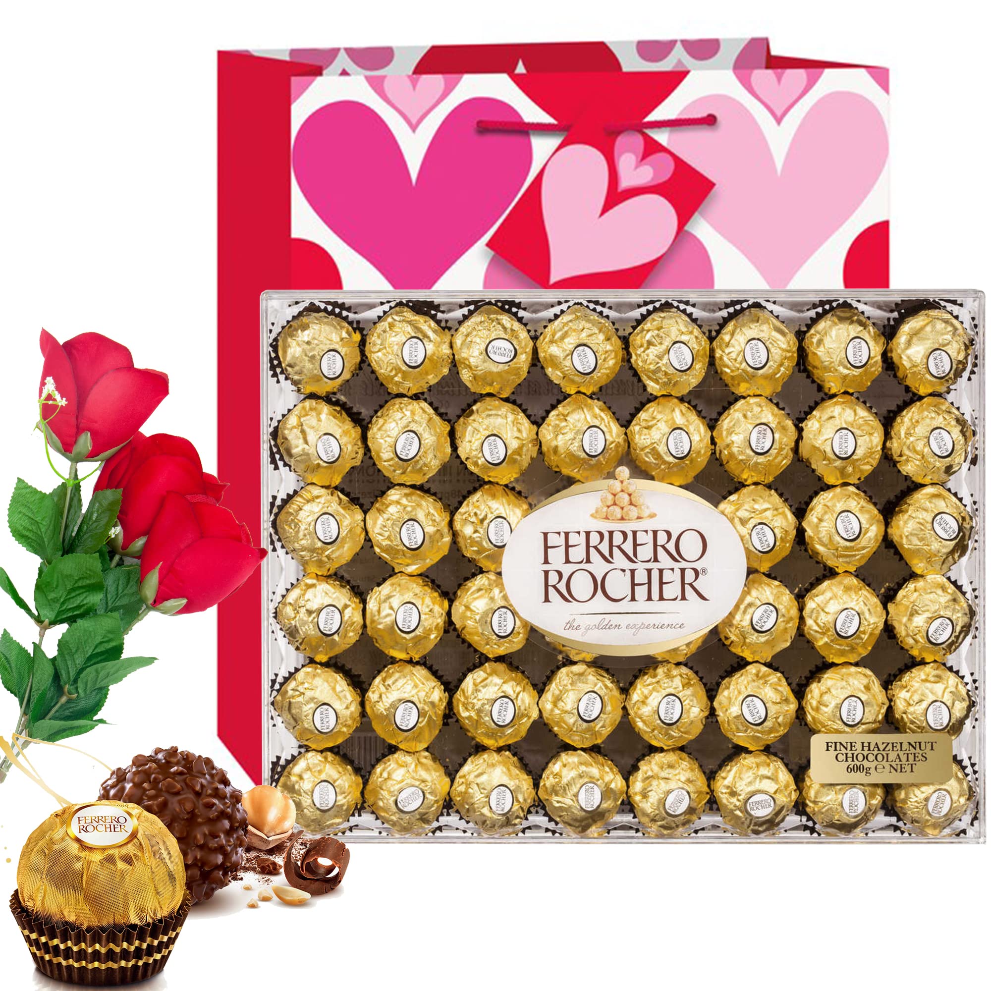 - Valentine Day Gift Ferrero Rocher Hazelnut Chocolates Diamond Box 48 Count | Velvet Artificial Rose Flower bouquet | Premium Gift Bag Basket Love Heart Wife Girlfriend Mother Daughter Her (Hazelnut)