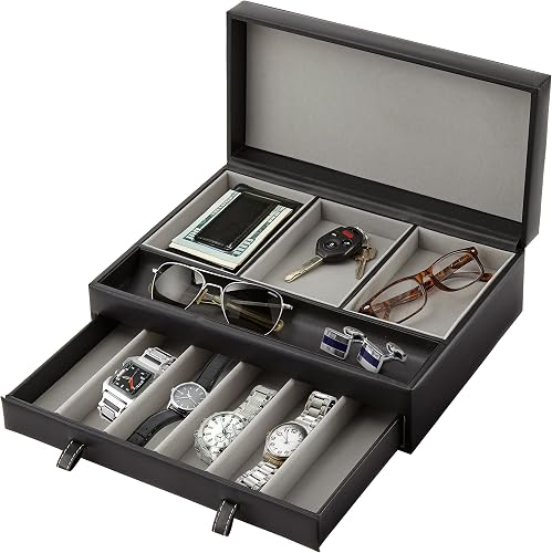 Stock Your Home Mens Valet Tray, Men's Jewelry Box, Night Stand Organizers and Storage, Bedside Table Organizer, Watch Box for Dresser, Faux Leather (Black & Gray)