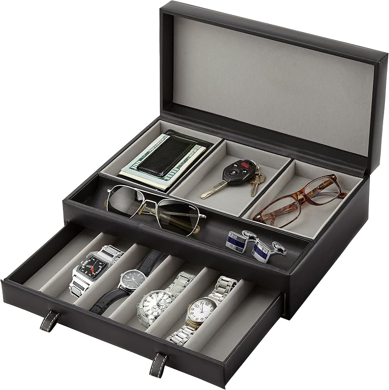 Stock Your Home Bandeja de valet para hombre, joyero para hombre, organizador y almacenamiento de mesita de noche, organizador de mesita de noche, caja de reloj para cómoda, piel sintética (negro y gris)
