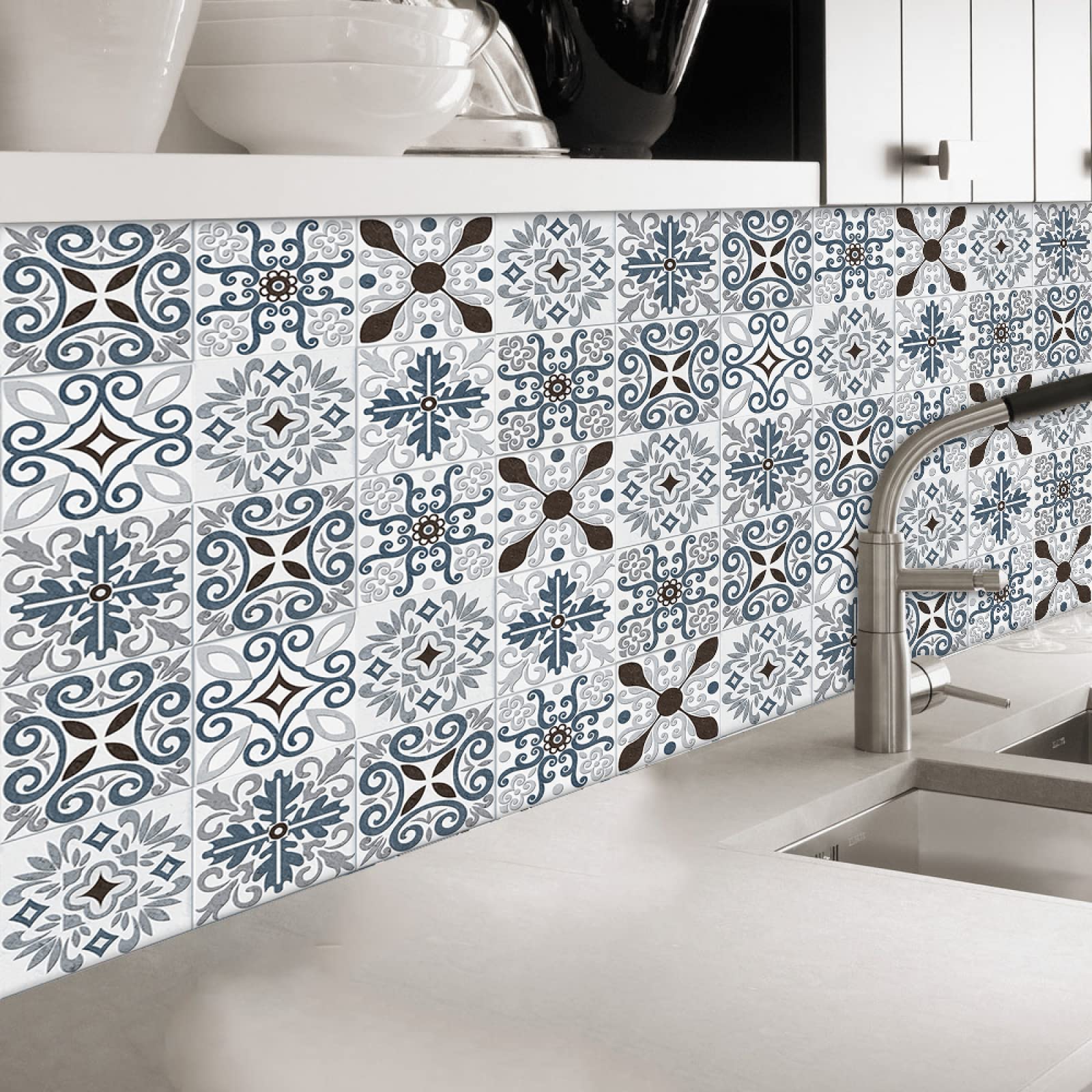 Naklejki imitujące płytki mozaikowe, Self Adhesive PVC Tile Stickers For Bathroom Kitchen Wall Floor Multiple Sizes 10/20/30 Pcs Blue Pattern(20cm x 20cm*20PCS)