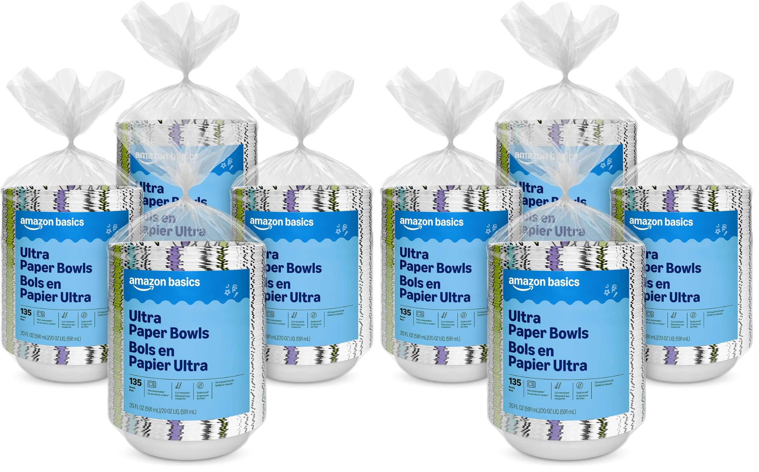 Amazon Basics Ultra Paper Bowls, 20 Oz, Disposable, 1080 Count (8 packs of 135), White (Previously Encore), Packaging May Vary