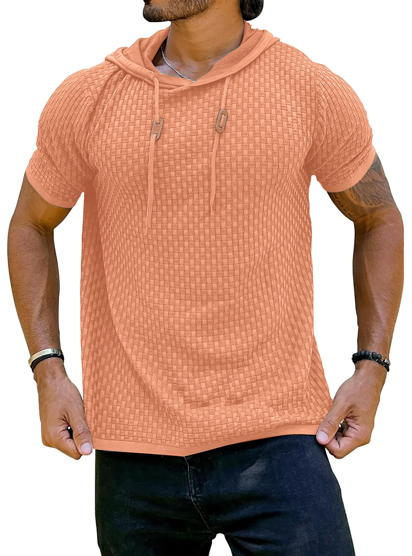 Zaitun Men's Short Sleeve Hoodie Shirt Casual Waffle Knitted Pullover Sweater