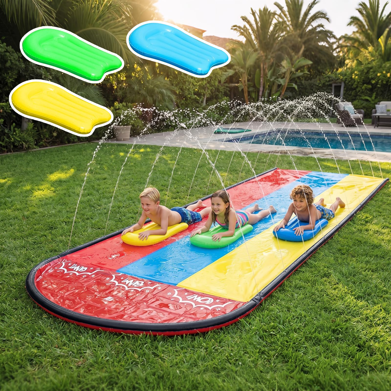 4.8m Water Slides for Garden Inflatable, Slip and Slide with 1/2/3 Surfboards