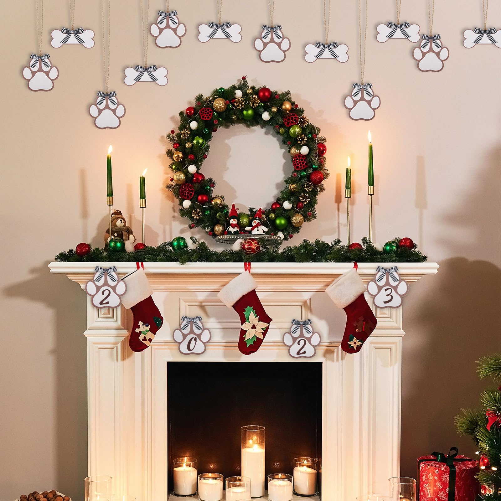 36 Pcs Christmas Dog Bone & Paw Wood Cutouts - DIY Ornaments, Gift Tags, Craft Embellishments With Plaid Bows 3 thumbnail image