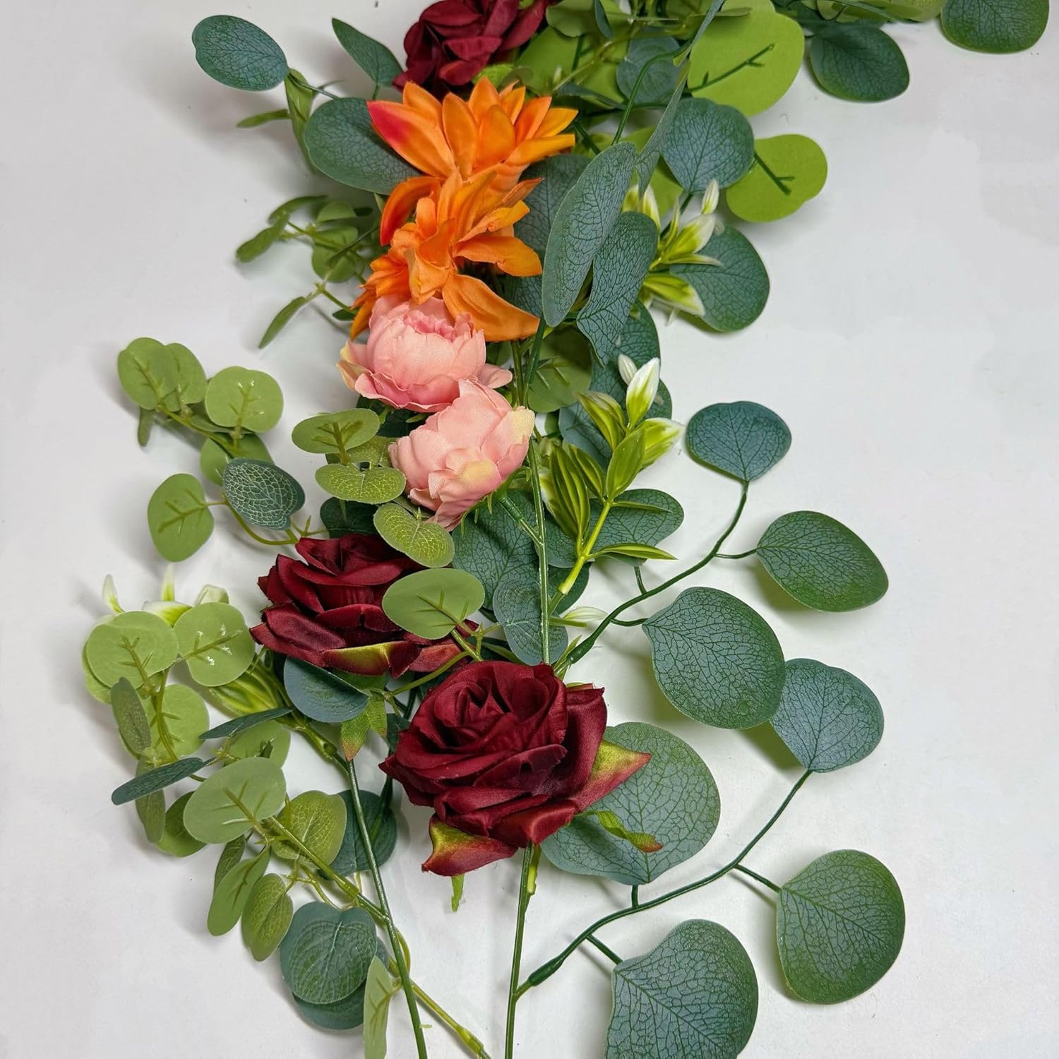 Eucalyptus Garland with Flowers Lush, Natural Looking Rose and Flower Vine Decor, Floral Wreath (2pcs Eucalyptus)