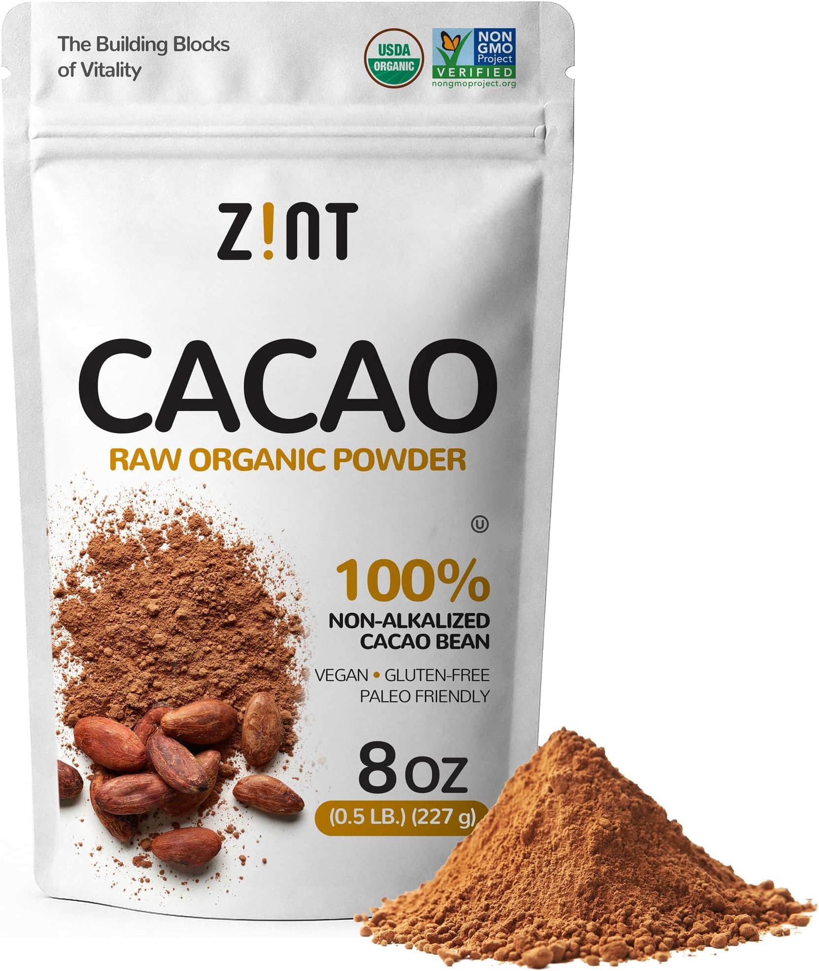 Zint Raw Organic Cacao Powder – Organic Cocoa Powder Unsweetened (8 oz) | Non-Alkalized | USDA Organic | Gluten Free | Non GMO | Pure Rich Dark Chocolate Flavor for Smoothies, Baking, Hot Chocolate