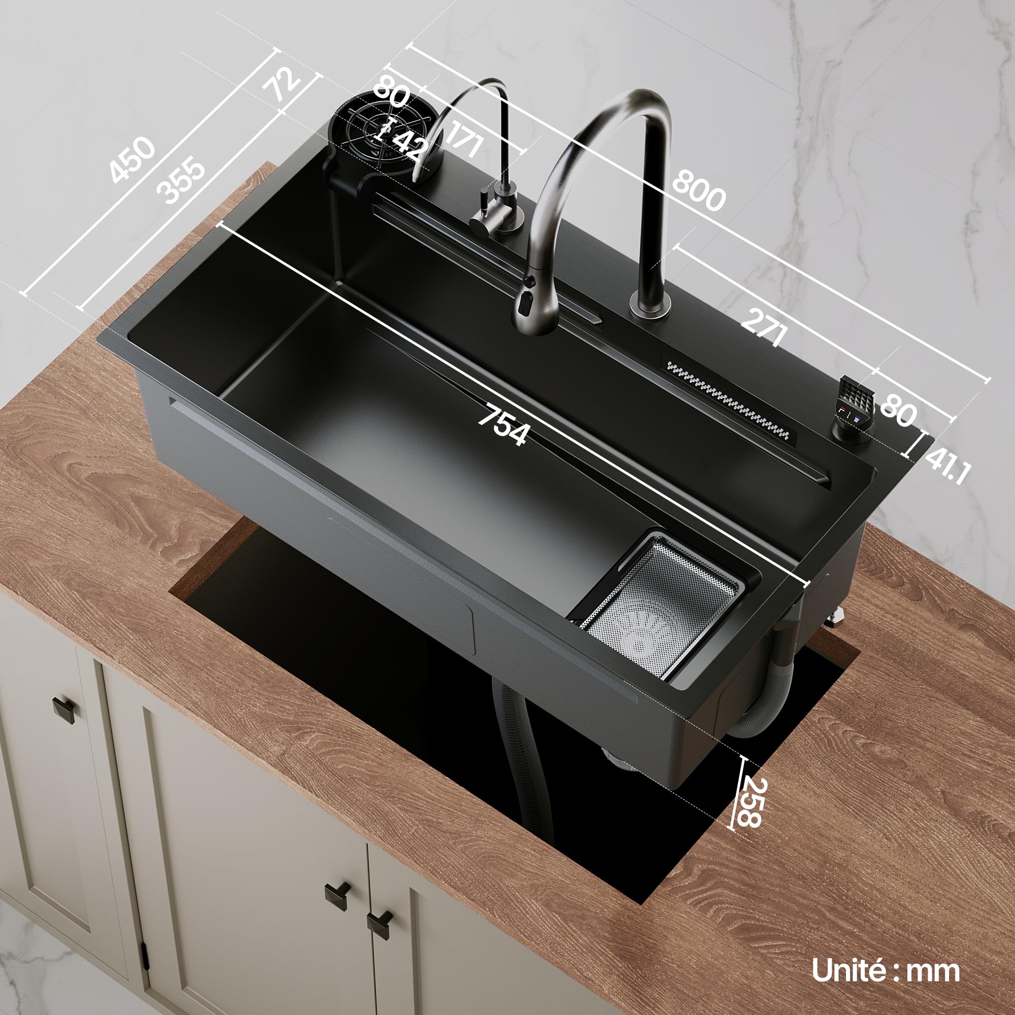 Sirhona - Fregadero de cocina multifunción, 80 x 45 cm, con grifo retráctil, bandeja de goteo + cesta de goteo + enjuague de vidrio+tabla de cortar, fregadero de cocina, accesorios de fregadero