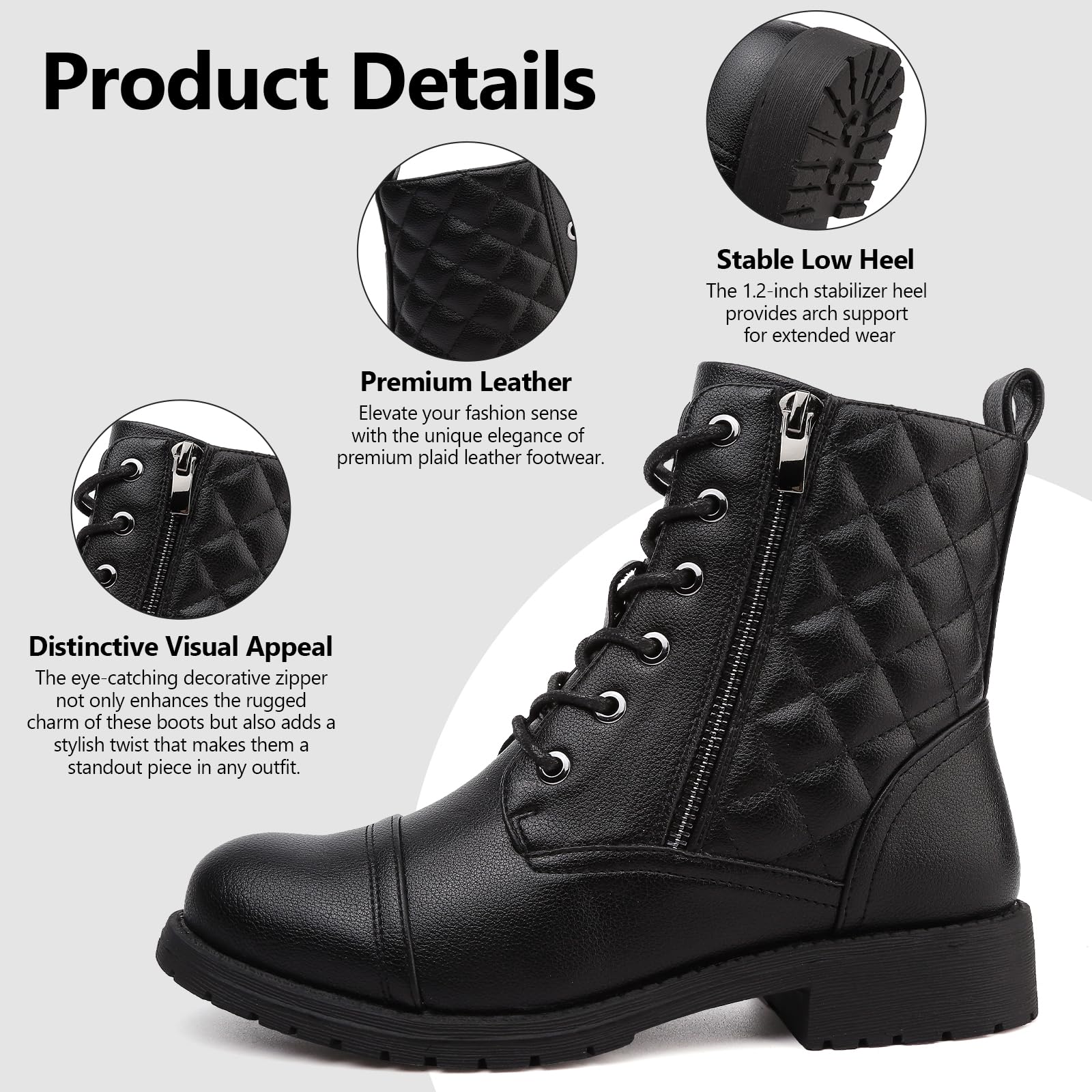 Maxome Stiefeletten für Damen, wasserdicht, Kampfstiefel, schwarz, Schnürstiefel, seitlicher Reißverschluss, niedriger Absatz, Booties
