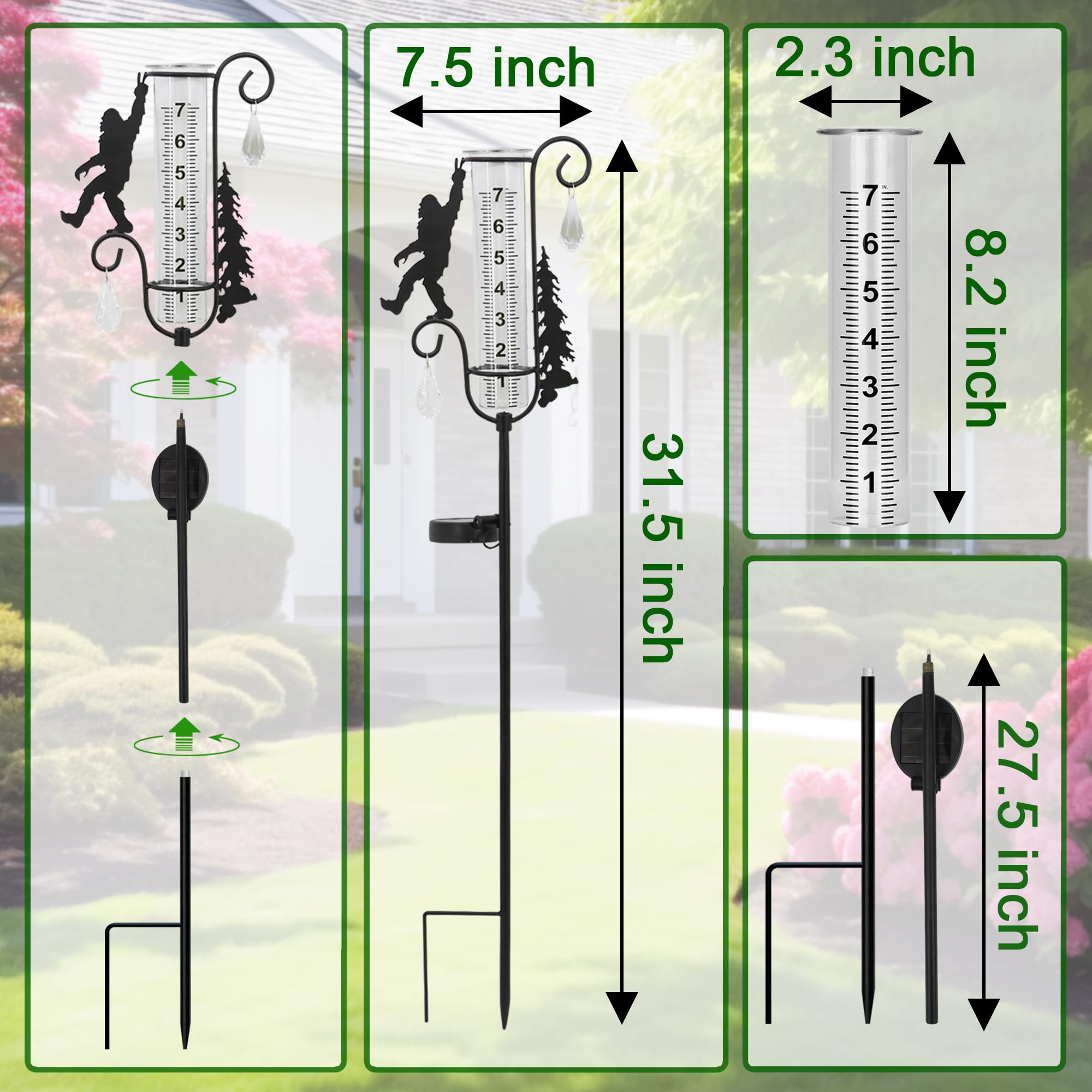 Regenmesser für den Außenbereich, Metall, schwarz, Sasquatch-Solar-Lichtpfahl mit Regenmessern, dekorativ, Garten, Rasen, Hof, Dekoration, 17,8 cm Glasrohr, Geschenke für Wetterbegeisterte