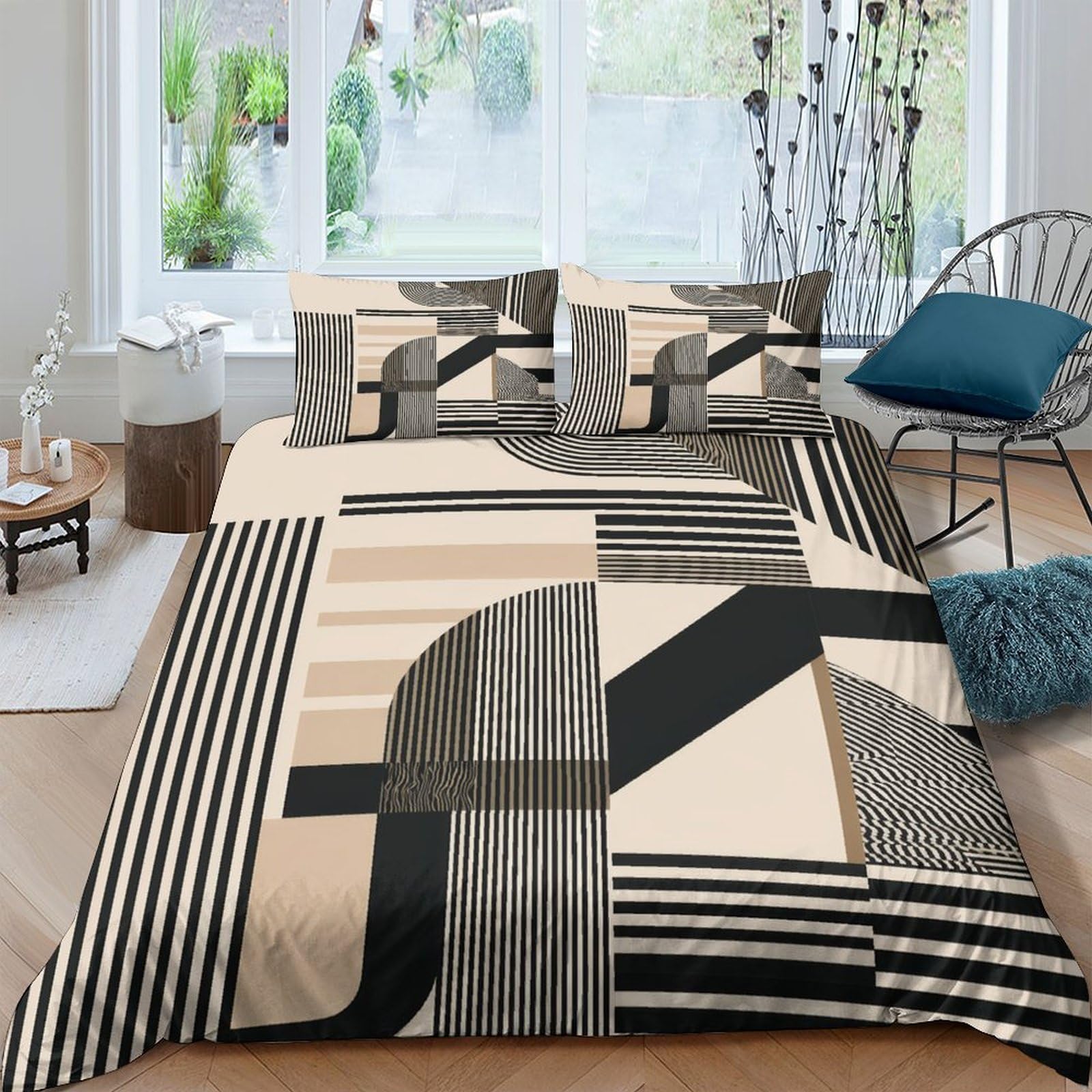 3D Printed Geometric Abstract Duvet Cover Set Microfiber Soft Breathable Striped Art Quilt Cover with 2 Pillowcases for Bedroom Decor Single（135x200cm）