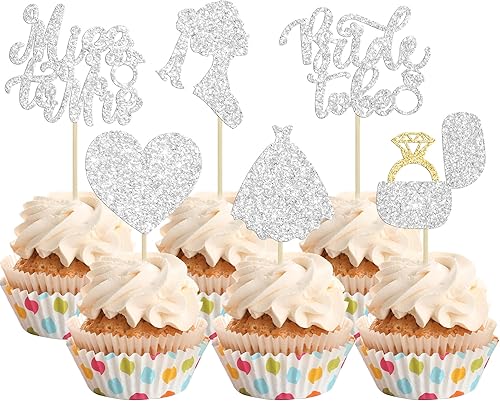 24 adornos para cupcakes con purpurina para novia, vestido de novia, cupcake picks Heart Miss to Mrs Cake Decor para despedidas de soltera, bodas,