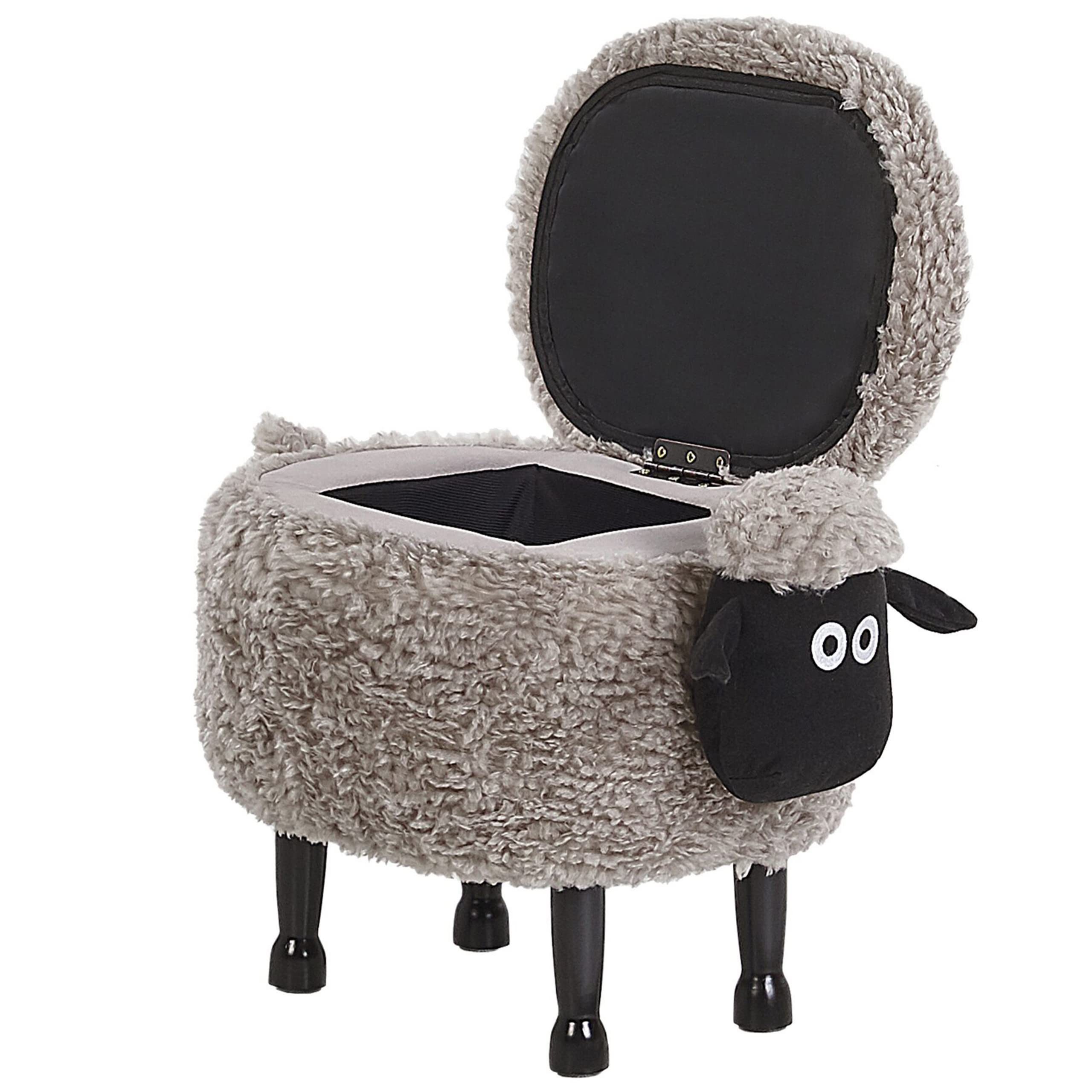 Beliani Pouf Tabouret pour Enfant en Forme de Mouton en Tissu Gris et Pieds Bois avec Coffre de Rangement