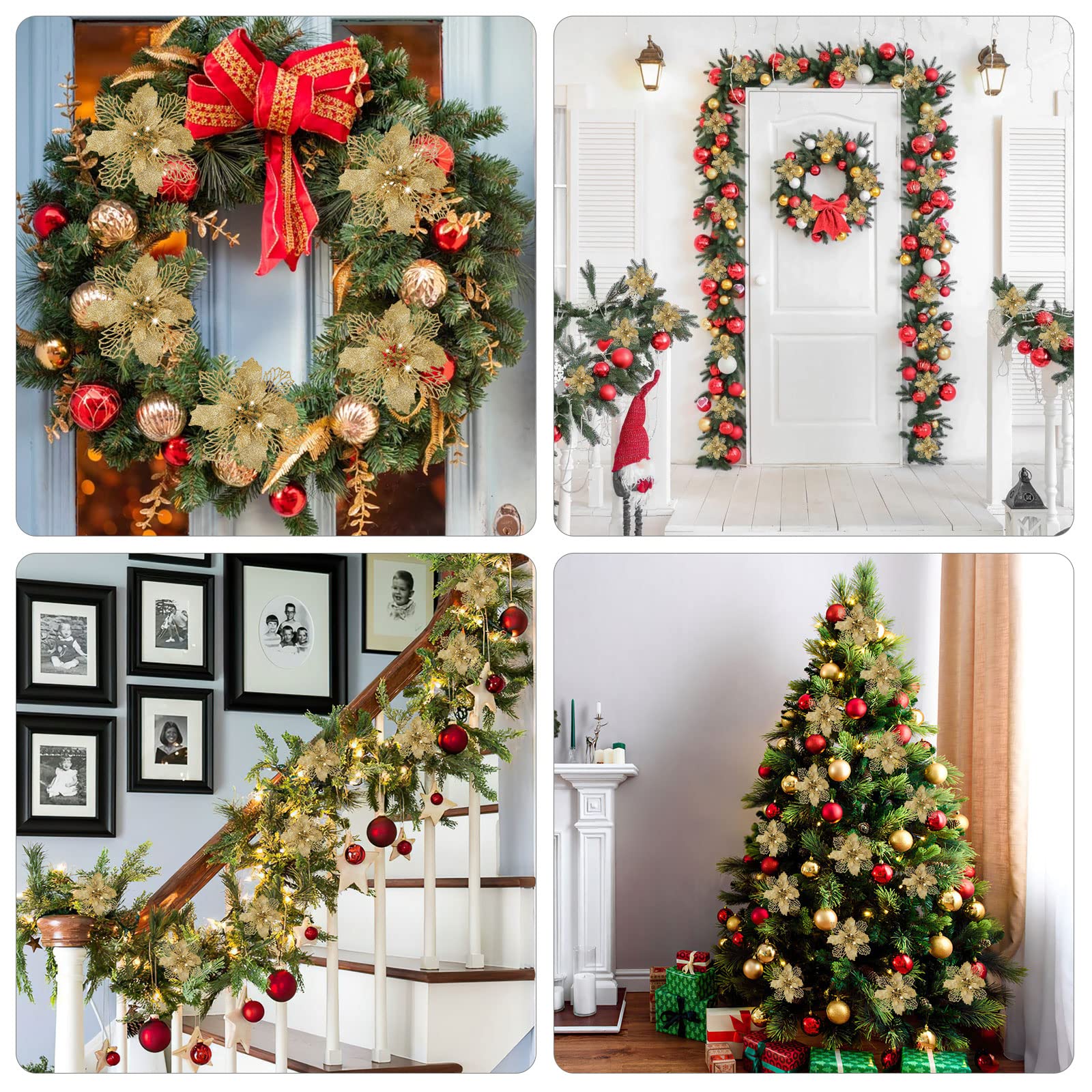 Ornamento Albero Di Natale 24 Pezzi Fiori Di Natale Glitterati | 3 Misure (7.6/10.2/15.2 Cm), Colore Nero