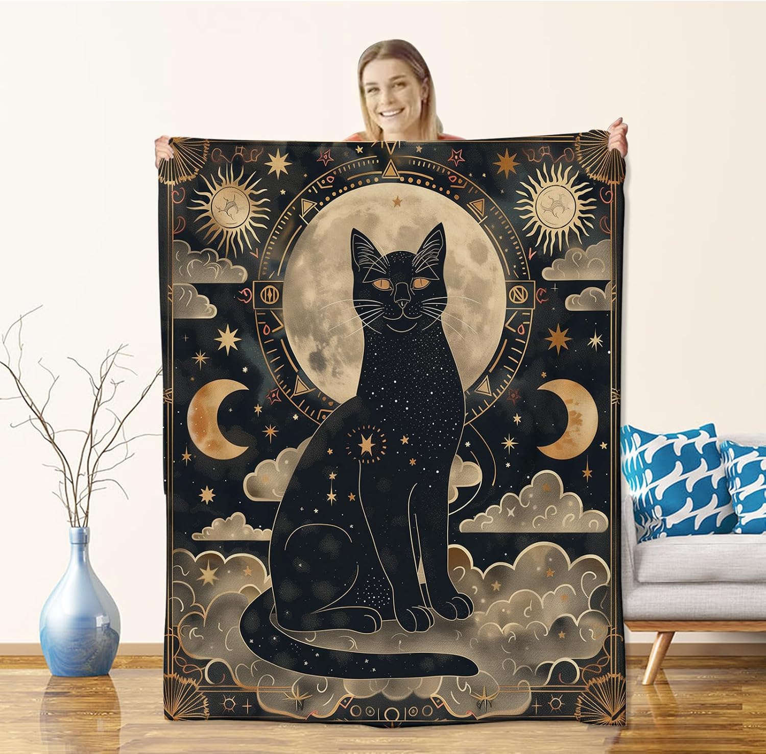Black Cat Flannel Blanket for Kids & Adults, Tarot Card Cat Throw for Sofa, Couch, Bed - Soft, Warm & Cozy - 60" x 50"