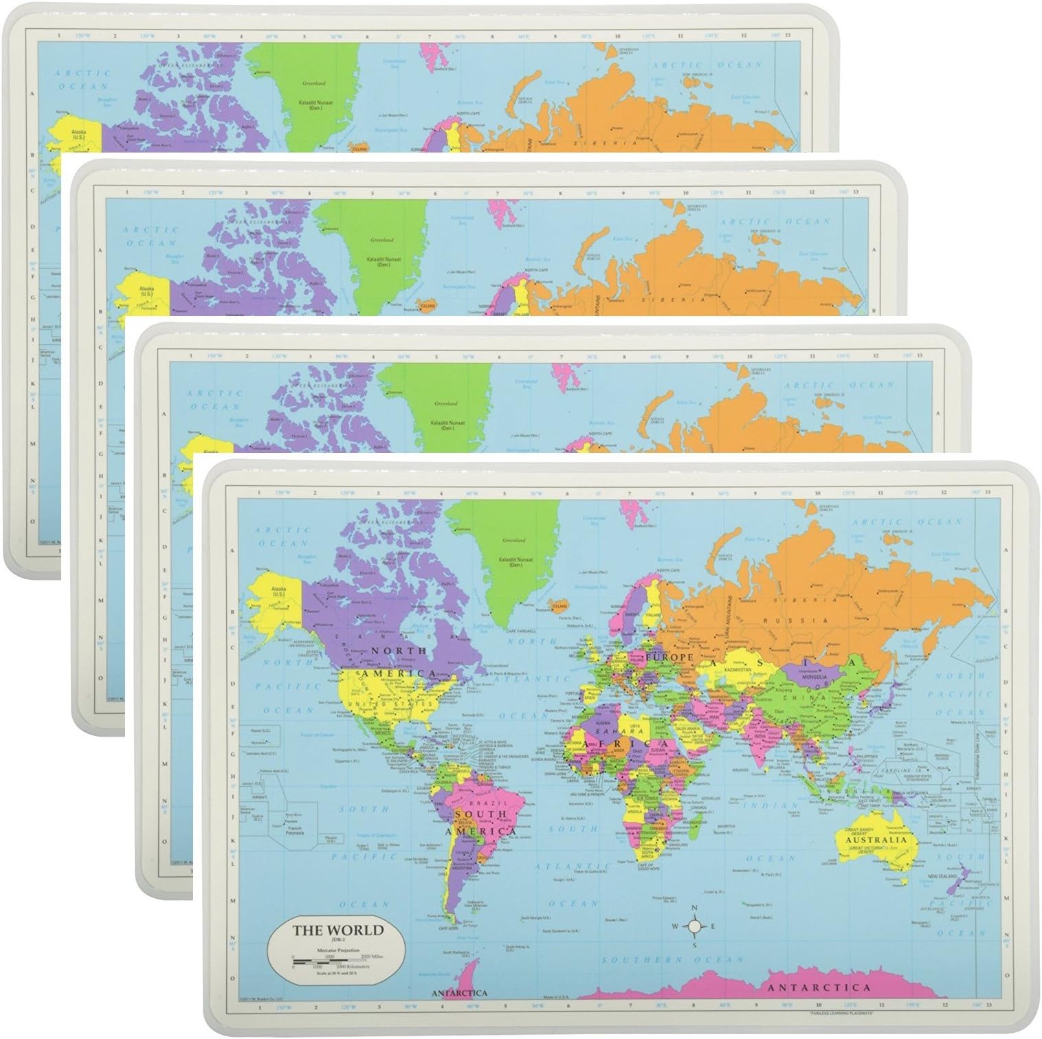 Painless Learning Educational Placemats World Map 4 Pack Set Non Slip Washable