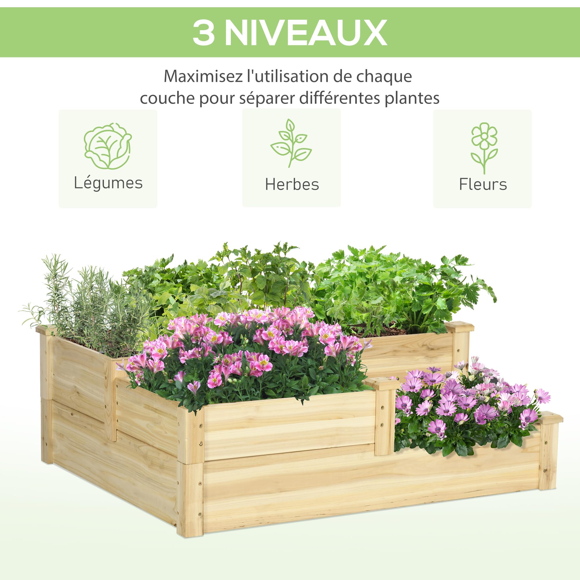 Outsunny Carré Potager en Bois, jardinière extérieure en escalier, 3 Niveaux, Zones séparées, Design sans Fond, 108 x 88 x 36 cm, Bois Naturel