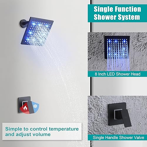 Miniatura 3 de SKOWLL Kit de ducha de cabezal de lluvia, juego de grifo de ducha LED montado en la pared, una sola función, mezclador de baño de 8 pulgadas, juego