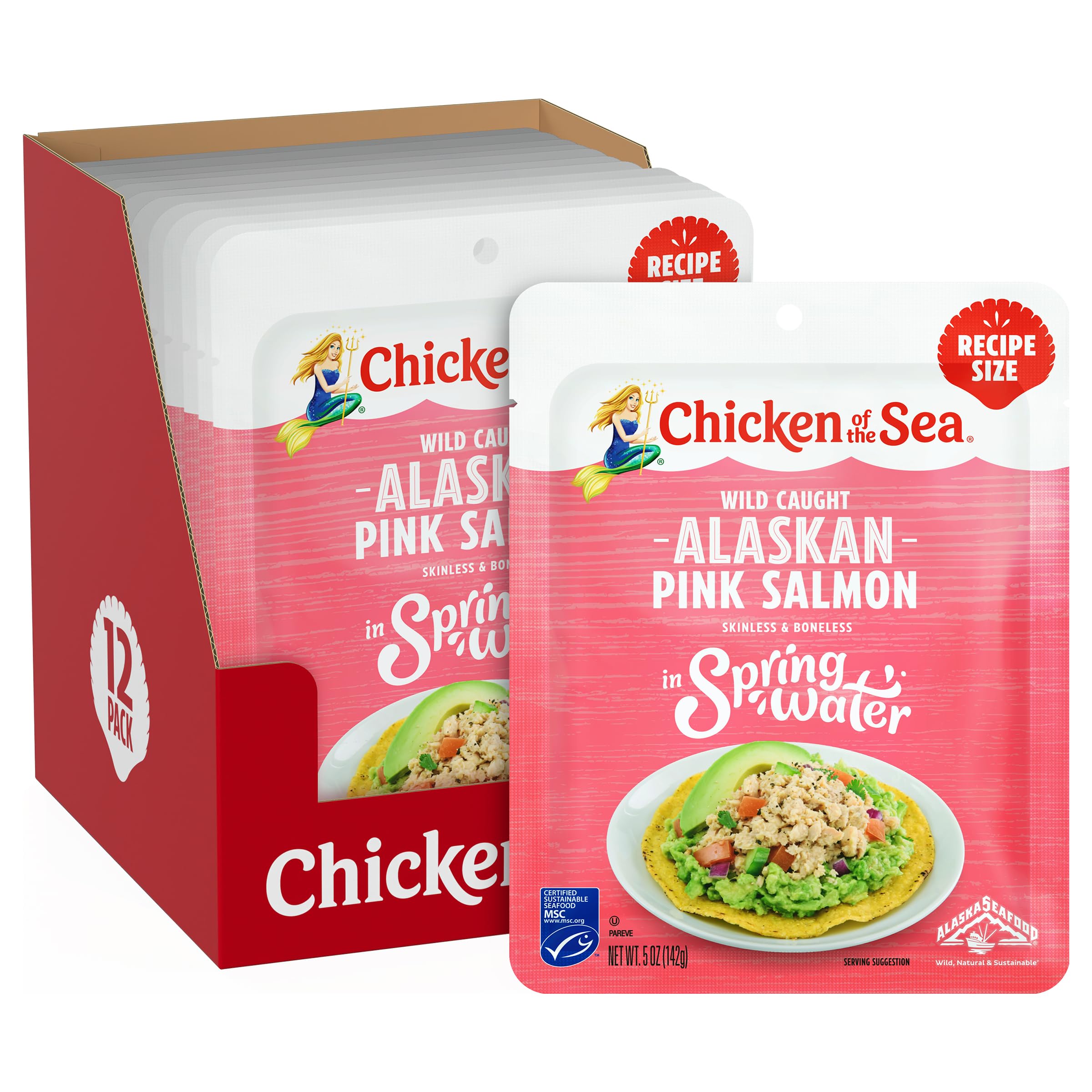 Chicken of the Sea Alaskan Pink Salmon in Spring Water, 5 Ounce Packets (Pack of 12), Wild Caught Salmon, Skinless & Boneless