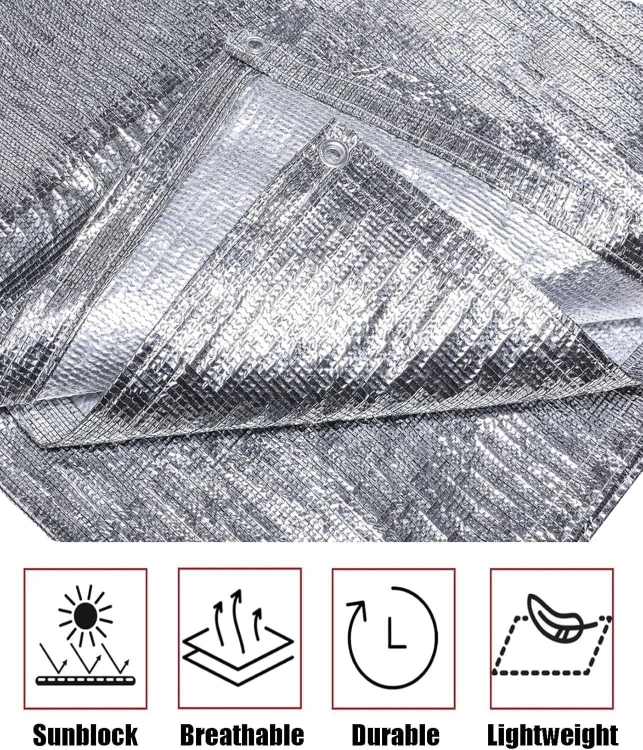 Thickened 90%-95% Aluminum Sun Shade Cloth with Grommets 8 FT x 10 FT - Shade Cover Canopy, Mesh Tarp Sun Screens - Silver Heat Reflective Tarp for Outdoor Pergola,Greenhouse,Patio,Garden,Lawn,Cars