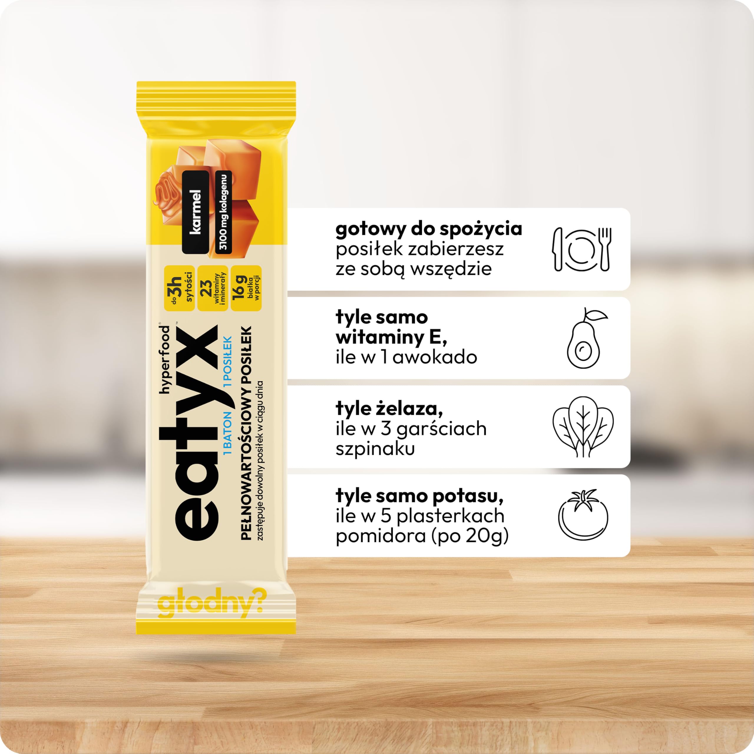 eatyx Baton Karmelowy I Pełnowartościowy Posiłek w Formie Batona I 60g I Źródło 3100 mg kolagenu I Bez cukru i konserwantów I Bez glutenu